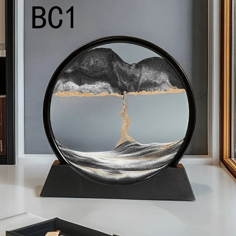 12inch 3D Hourglass Quicksand Moving Sand Art Picture Round Glass Deep Sea Sandscape Craft Flowing Paint Home Office Work Decor