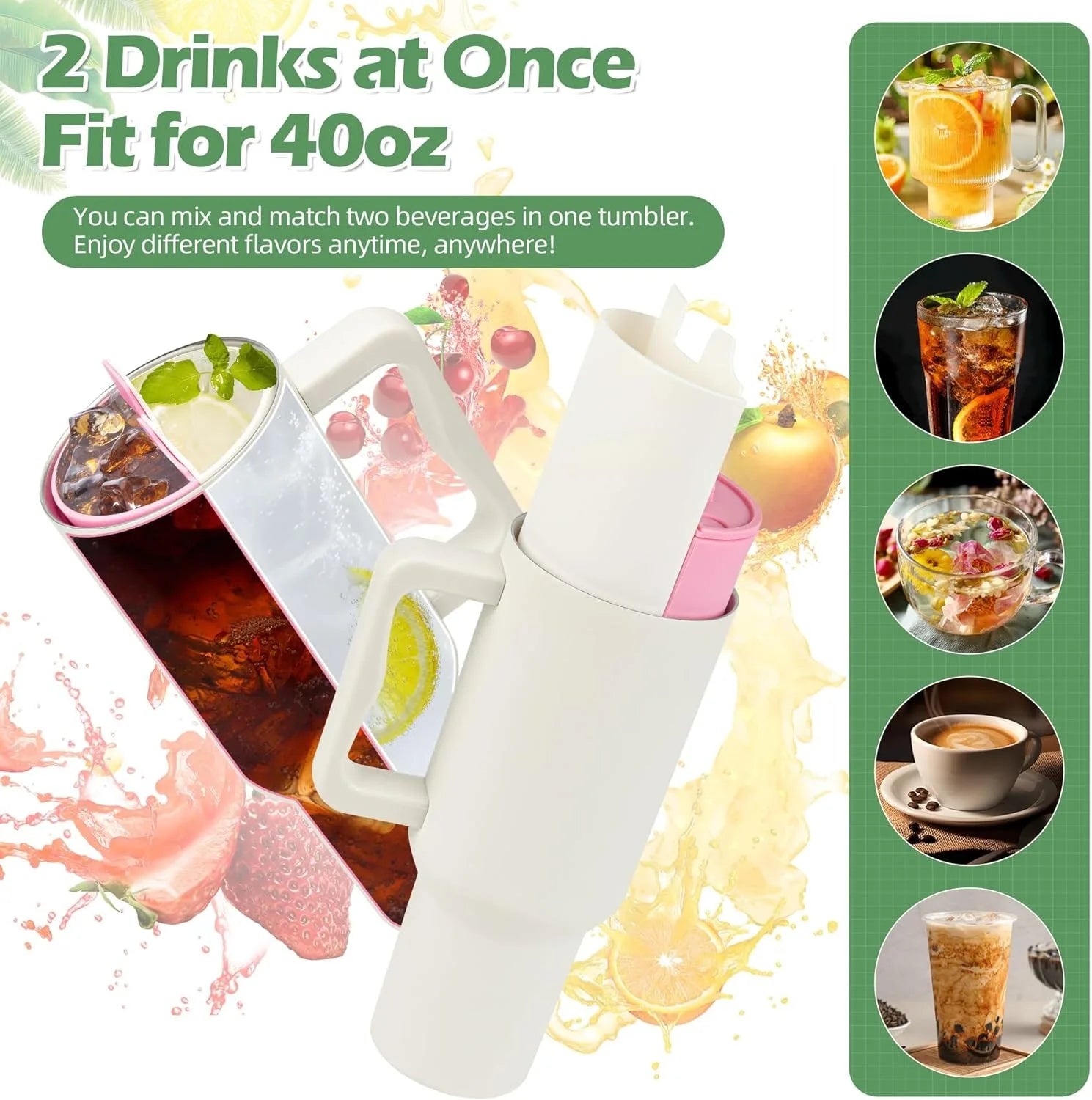 Silicone 2in1 Cup Drink Divider Compatible with Stanley Tumbler 40 oz Cup Separator with Lid for Dualsided Drink Double Drinks