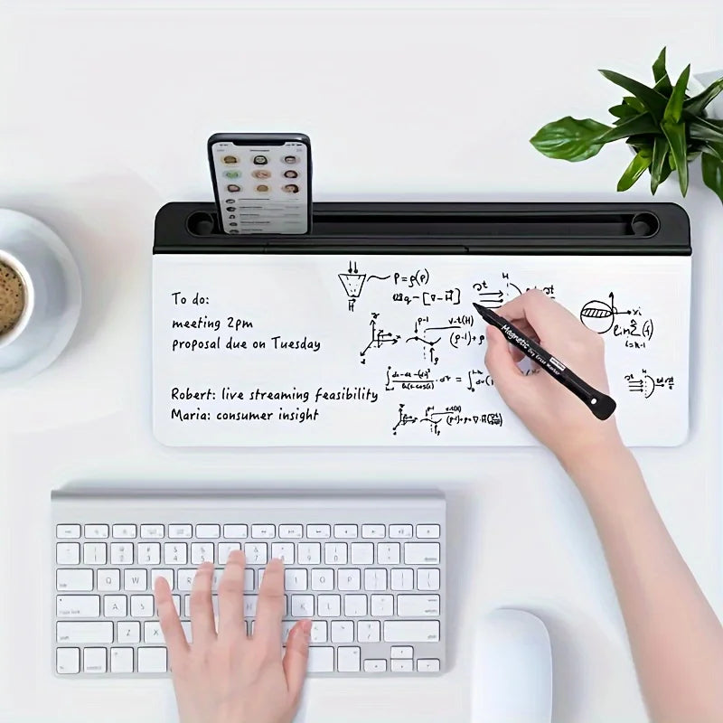 Sleek Tempered Glass Desk Whiteboard with Storage & Organizer