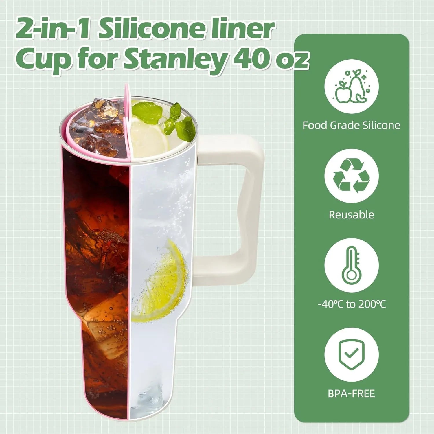 Silicone 2in1 Cup Drink Divider Compatible with Stanley Tumbler 40 oz Cup Separator with Lid for Dualsided Drink Double Drinks